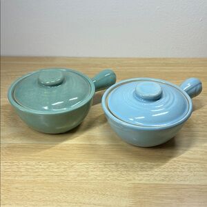 Vintage Ceramic Covered Onion Soup Bowls Seafoam Green and Light Blue